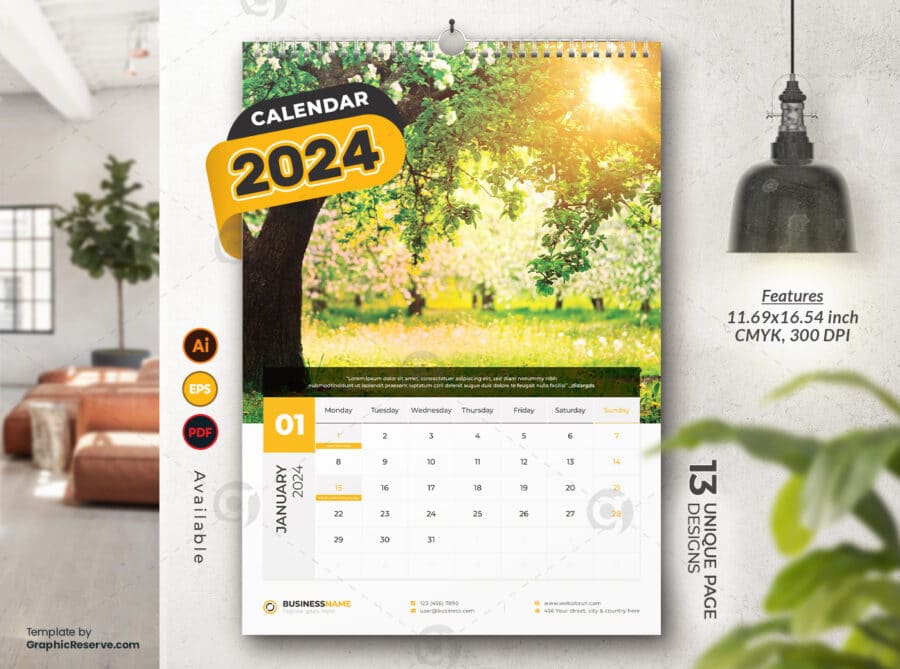 Wall Calendar 2024 template by visualgraphics1v on graphic reserve