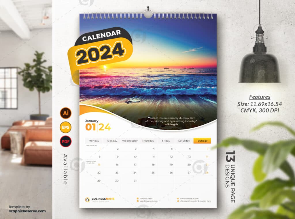 Wall Calendar 2024 Template Design Vol.10 (AI, EPS, and PDF) Graphic