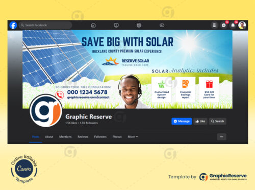 Solar business facebook cover design Canva template
