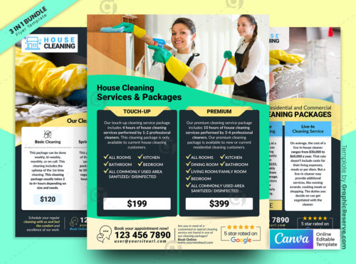 Cleaning Service Price List & Packages Flyer Bundle Canva Template