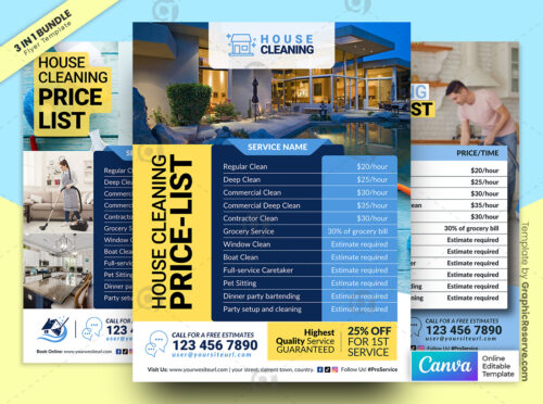 House Cleaning Service & Price List Flyer Bundle Canva Template