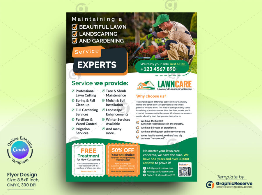 Lawn and Landscaping Service Experts Flyer Canva Template