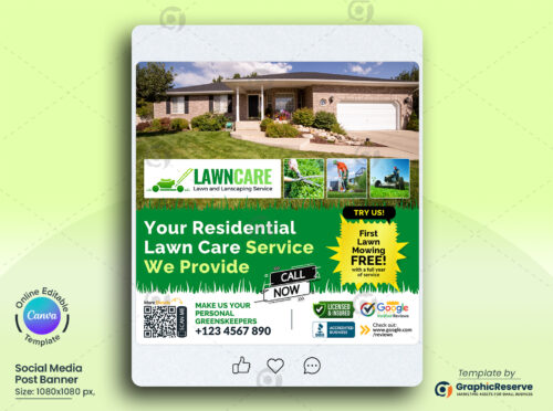 Residential Lawn Care Service Social Media Banner Canva Template (1080 x 1080 px)