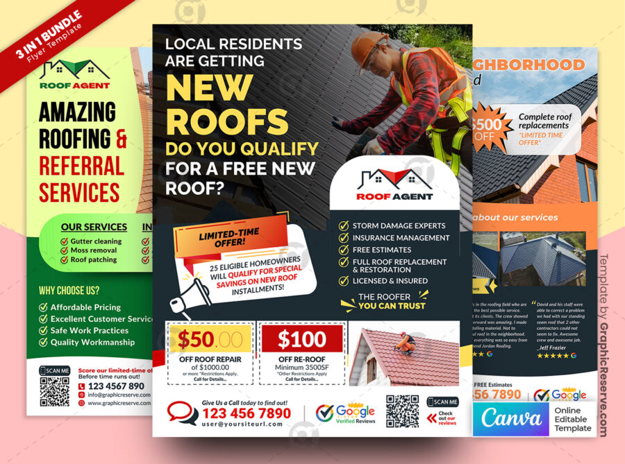 Roofing Promotional Flyer Bundle 3 in 1 Canva Template