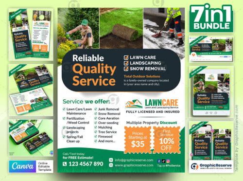Lawn Care Best Quality Service Fully Marketing Material Bundle Canva Template