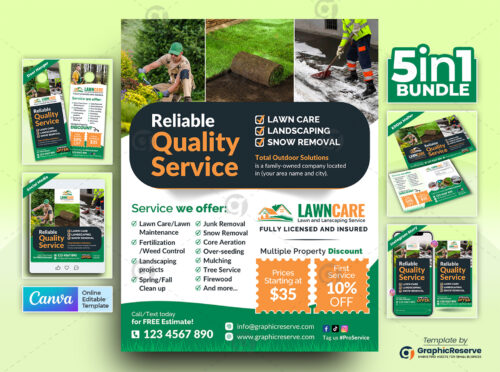 Lawn Care Best Quality Service Marketing Material Bundle Canva Template