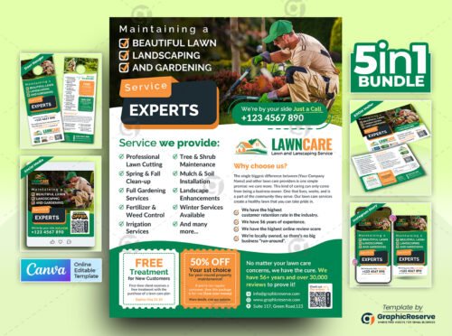 Lawn and Landscaping Service Experts Marketing Material Bundle Canva Template