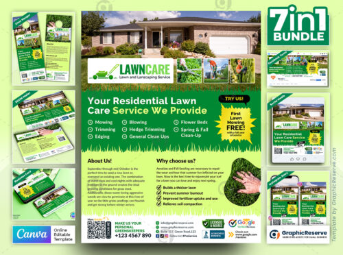 Residential Lawn Care Service Fully Marketing Material Bundle Canva Template