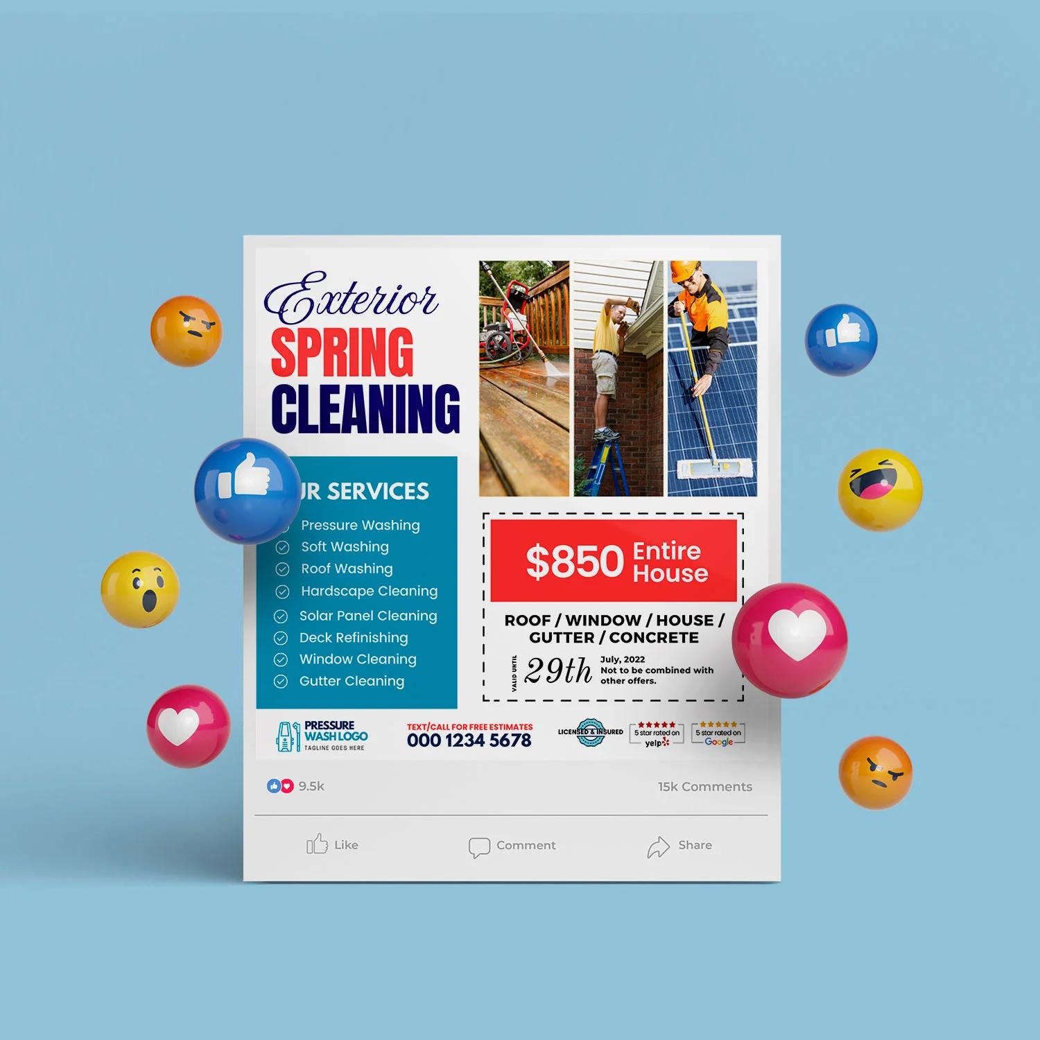 Exterior Spring Cleaning Social Media Marketing Banner With Coupon Code – Canva template