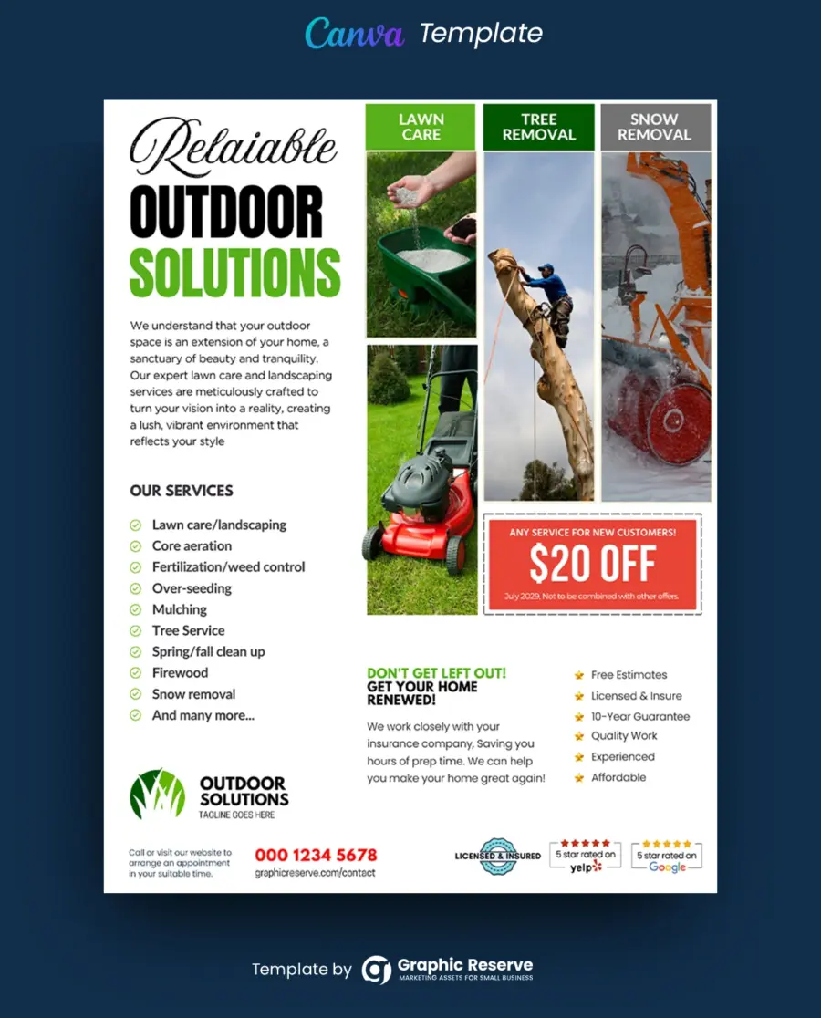 Lawn Care, Tree, & Snow Removal Flyer Design Canva Template (2Styles)