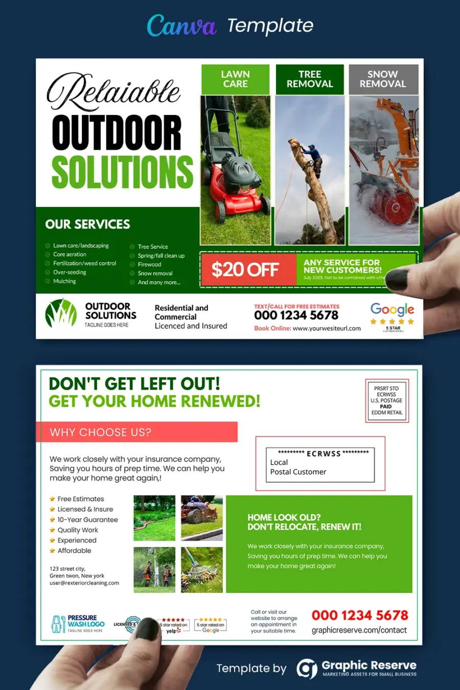 Lawn Care, Tree, & Snow Removal Service Direct Mail Postcard Canva Template