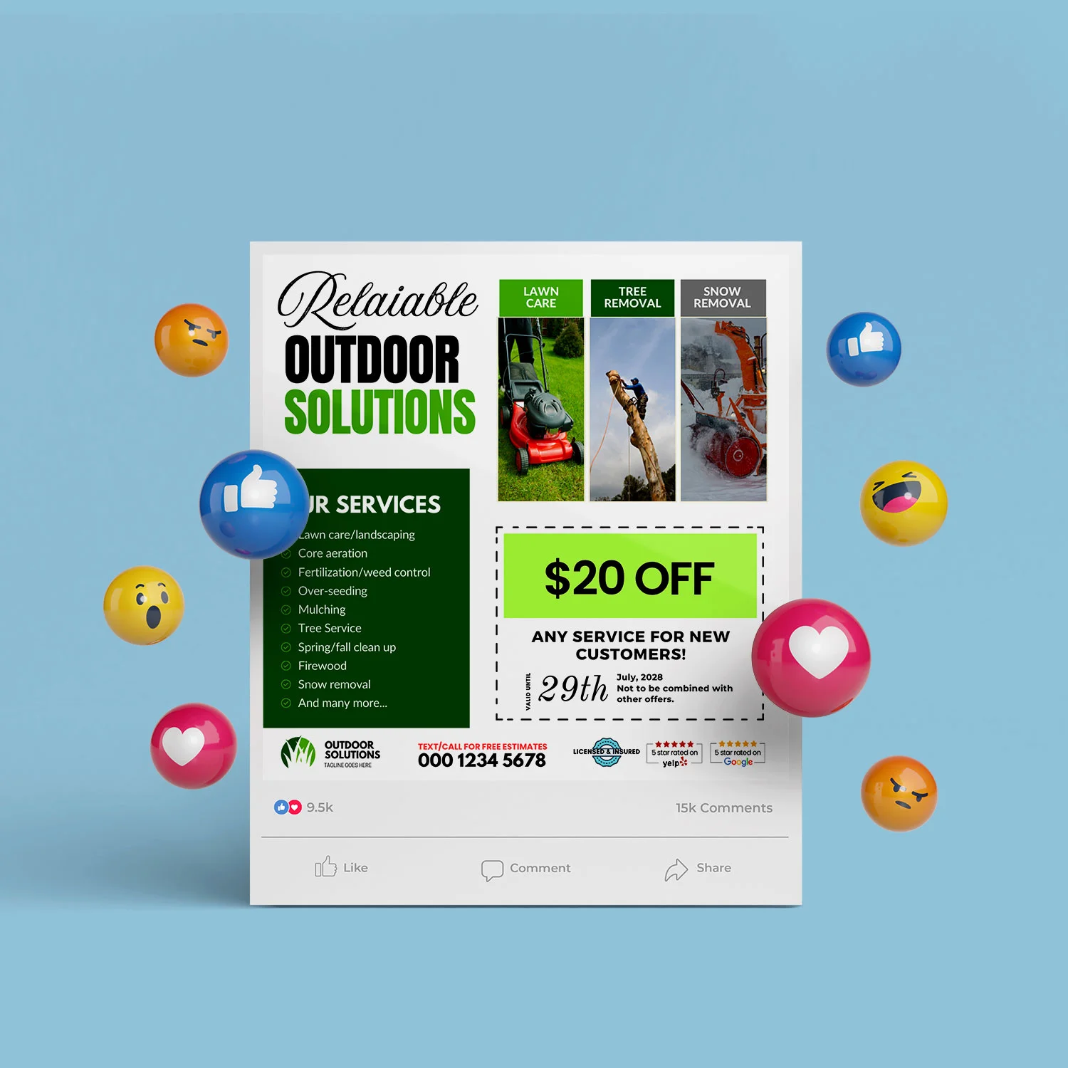 Lawn Care, Tree, & Snow Removal Social Media Poster Design Canva Templates