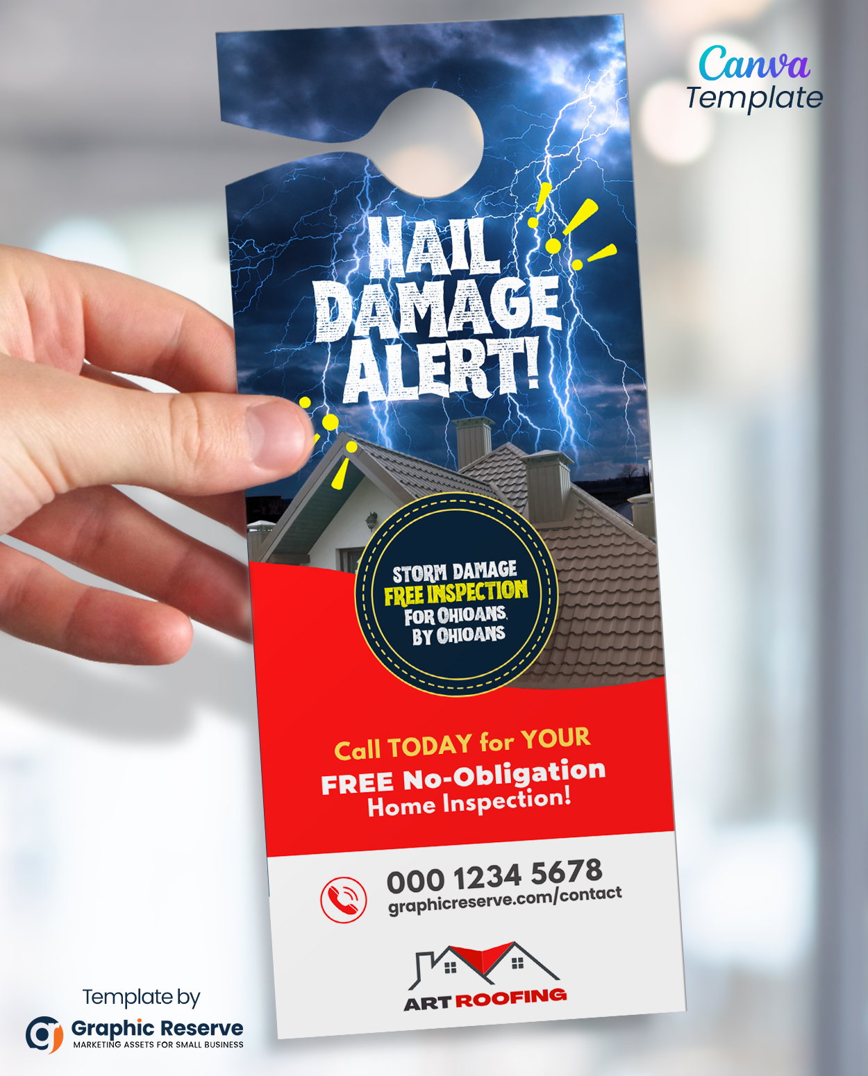 Hail Damage Alert Roofing Door Hanger Template – Easy-to-Edit Canva Design