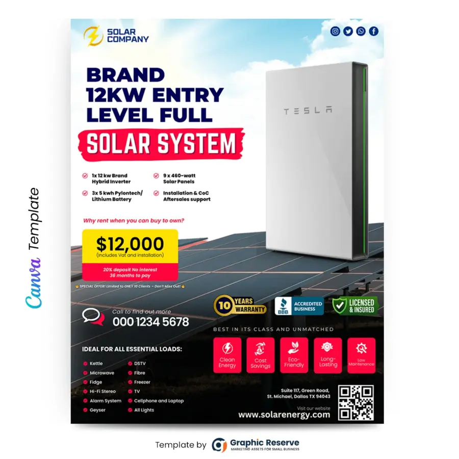 Solar Panel and Inverter Package Pricing Flyer Design Canva Template
