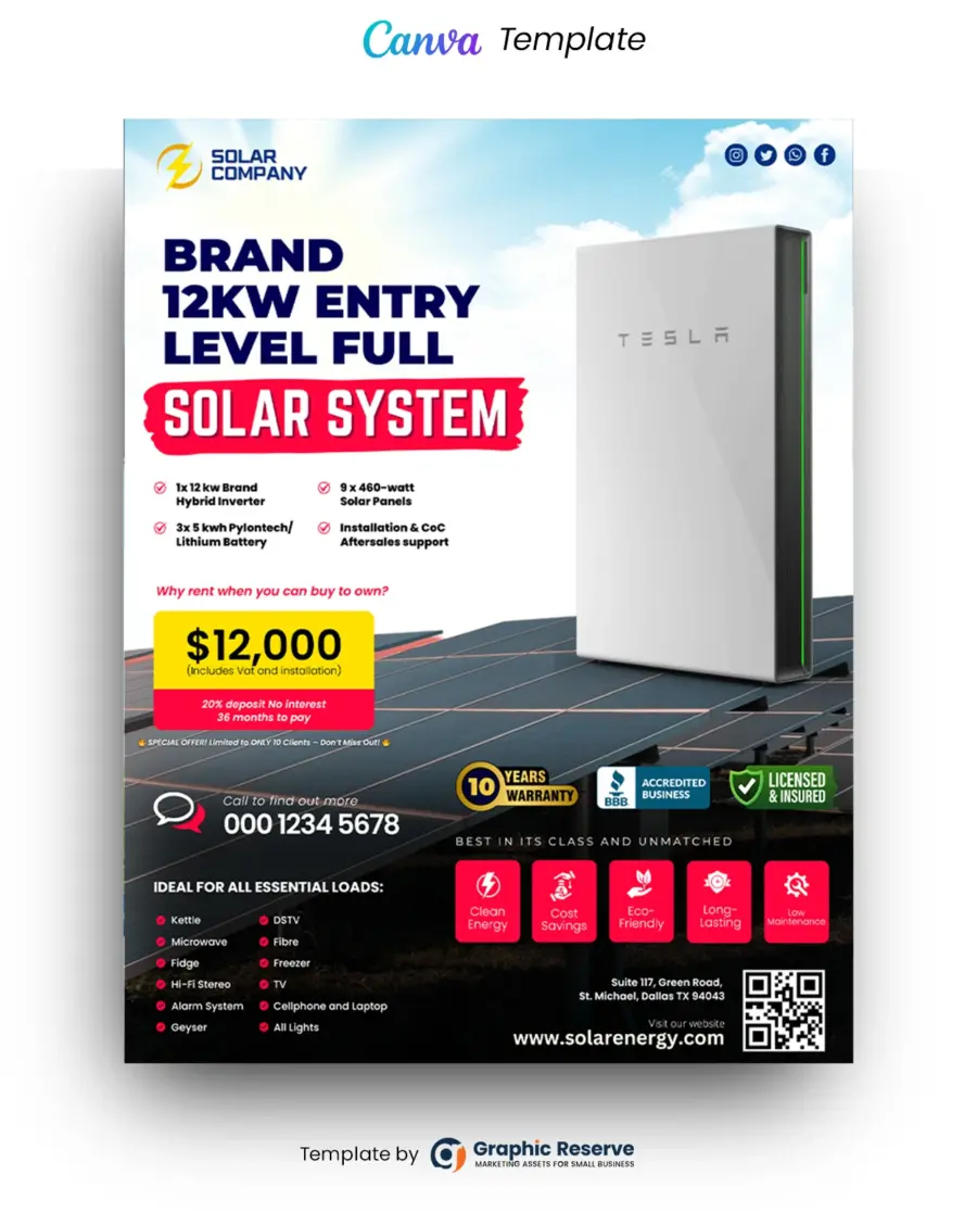 Solar Panel and Inverter Package Pricing Flyer Design Canva Template
