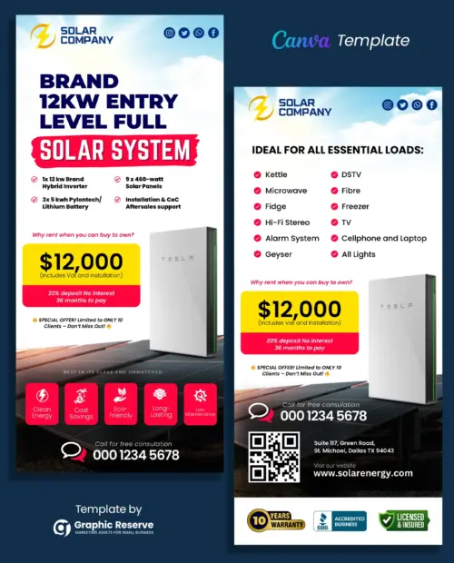 Solar Product Package Pricing Rack Card Flyer Canva Template