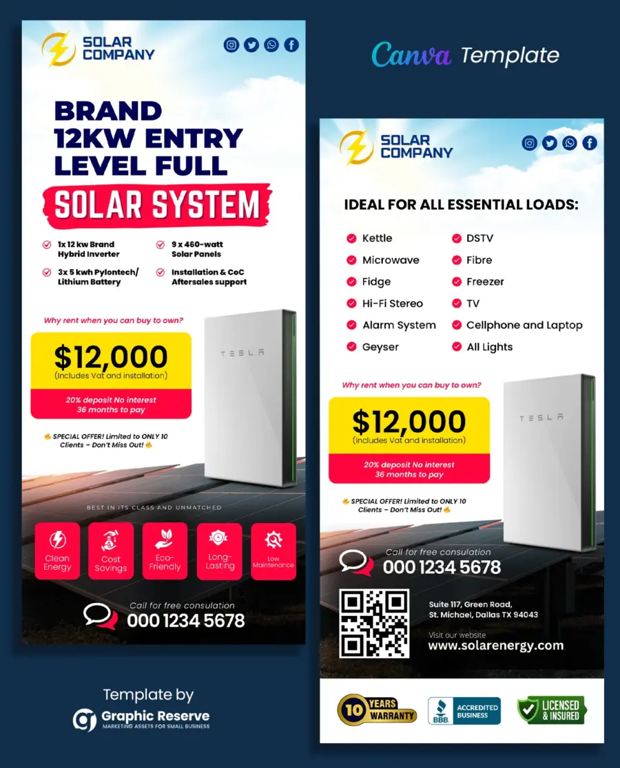 Solar Product Package Pricing Rack Card Flyer Canva Template