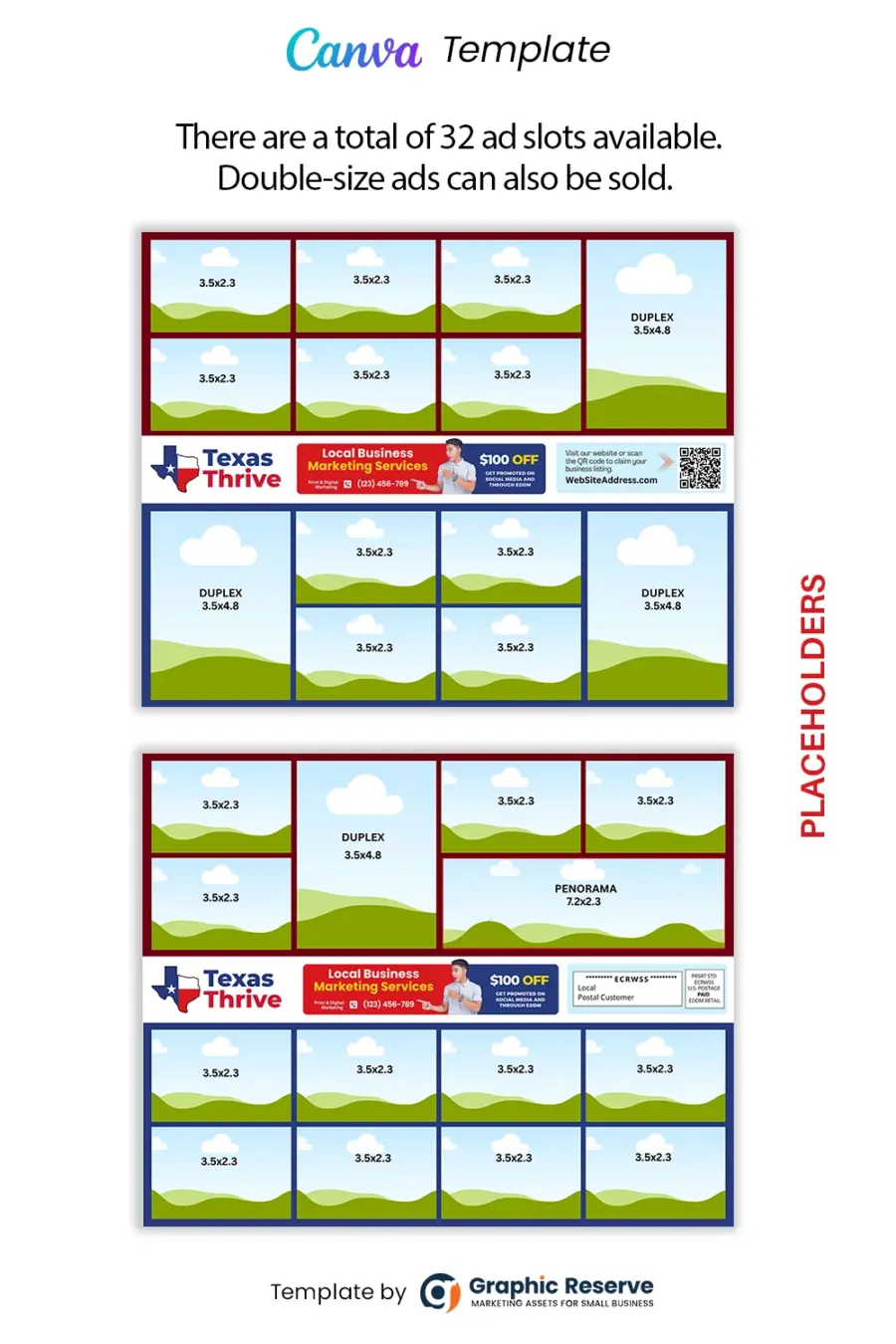 15x12 Co-op shared-cost EDDM postcard Canva template with 32 ad place holders