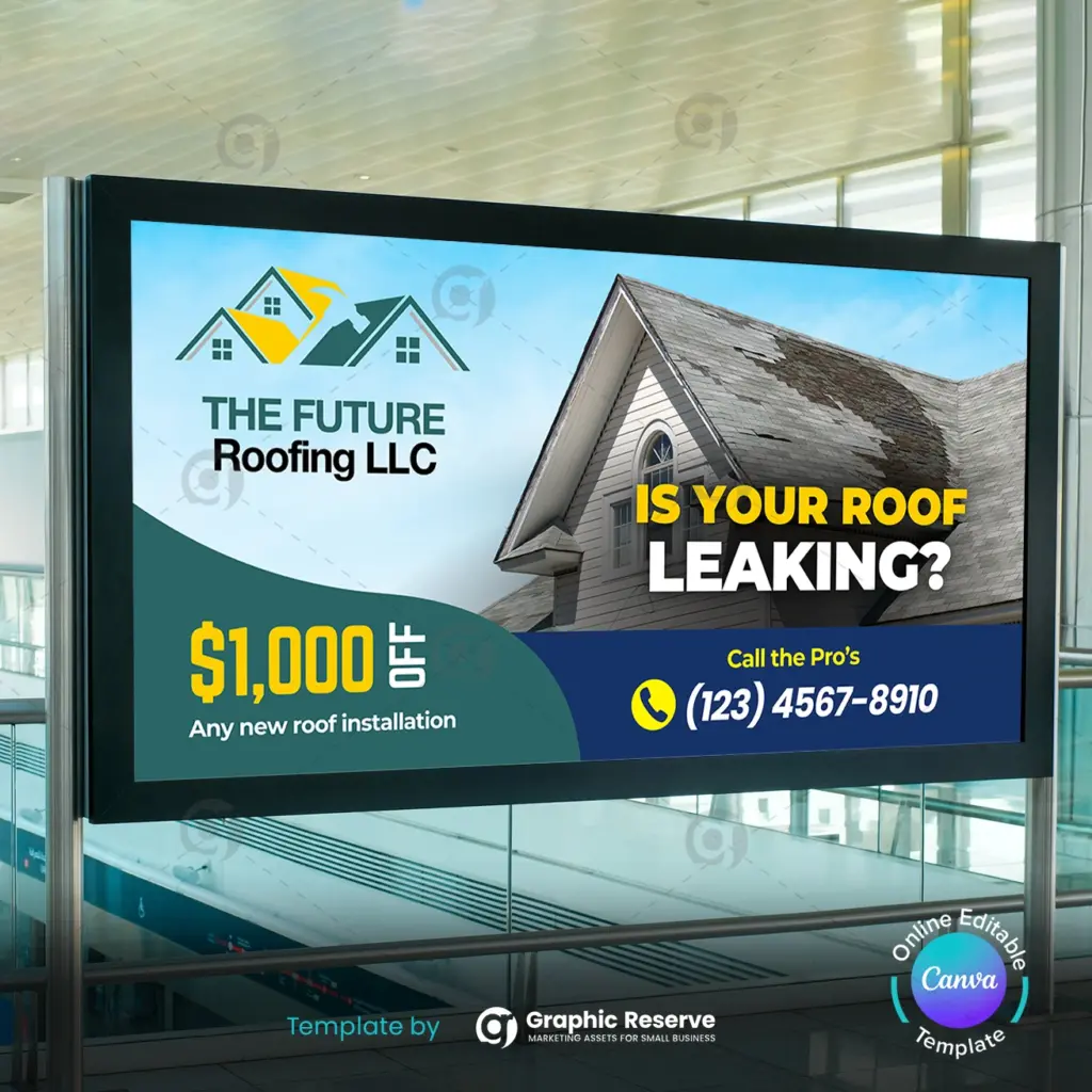 Roofing Company Billboard Template – Scalable 2x1 Canva Design for Contractors – Canva template
