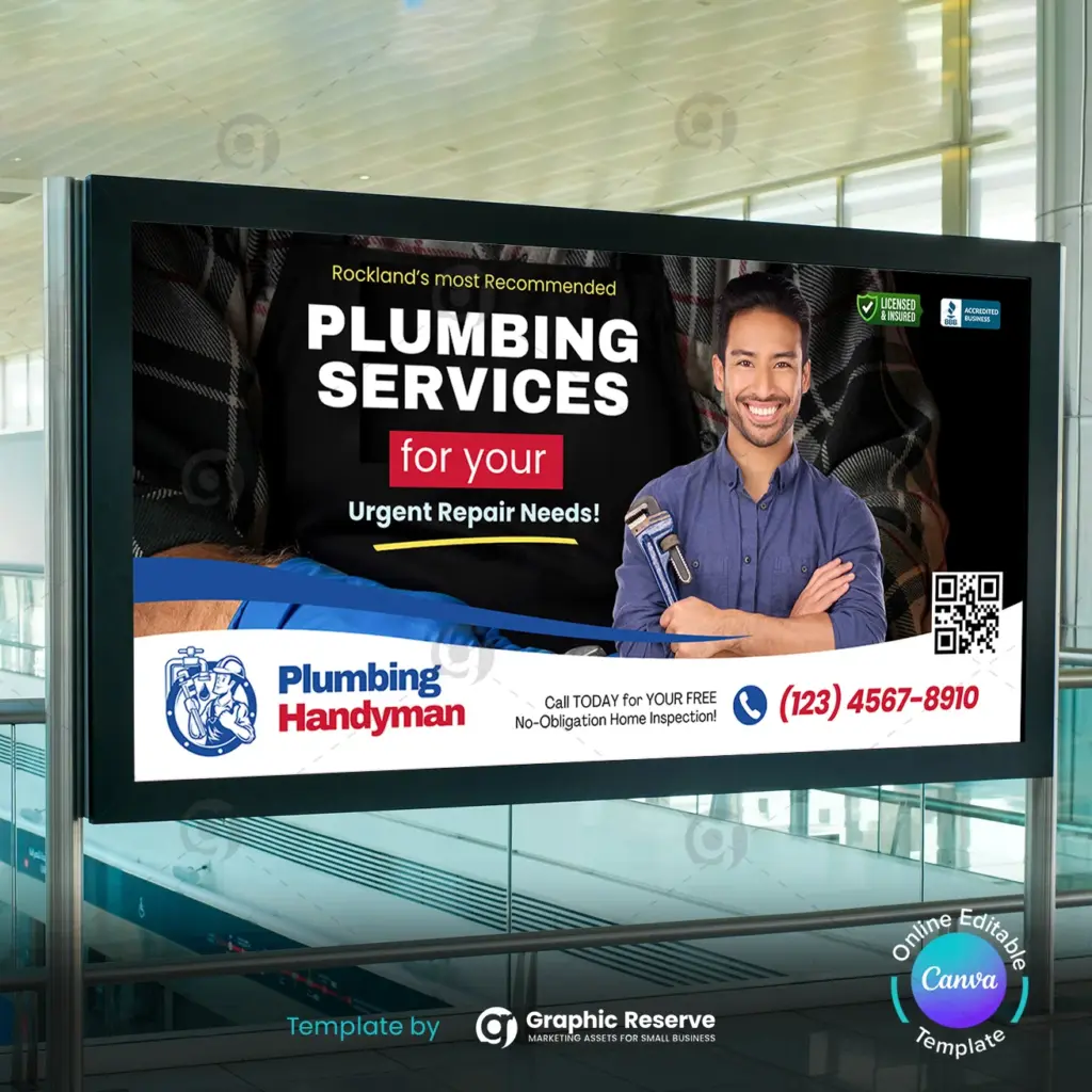 Plumbing Business Advertising Billboard Template – Editable Canva – Canva template