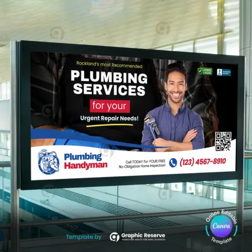 Plumbing Business Advertising Billboard Template – Editable Canva