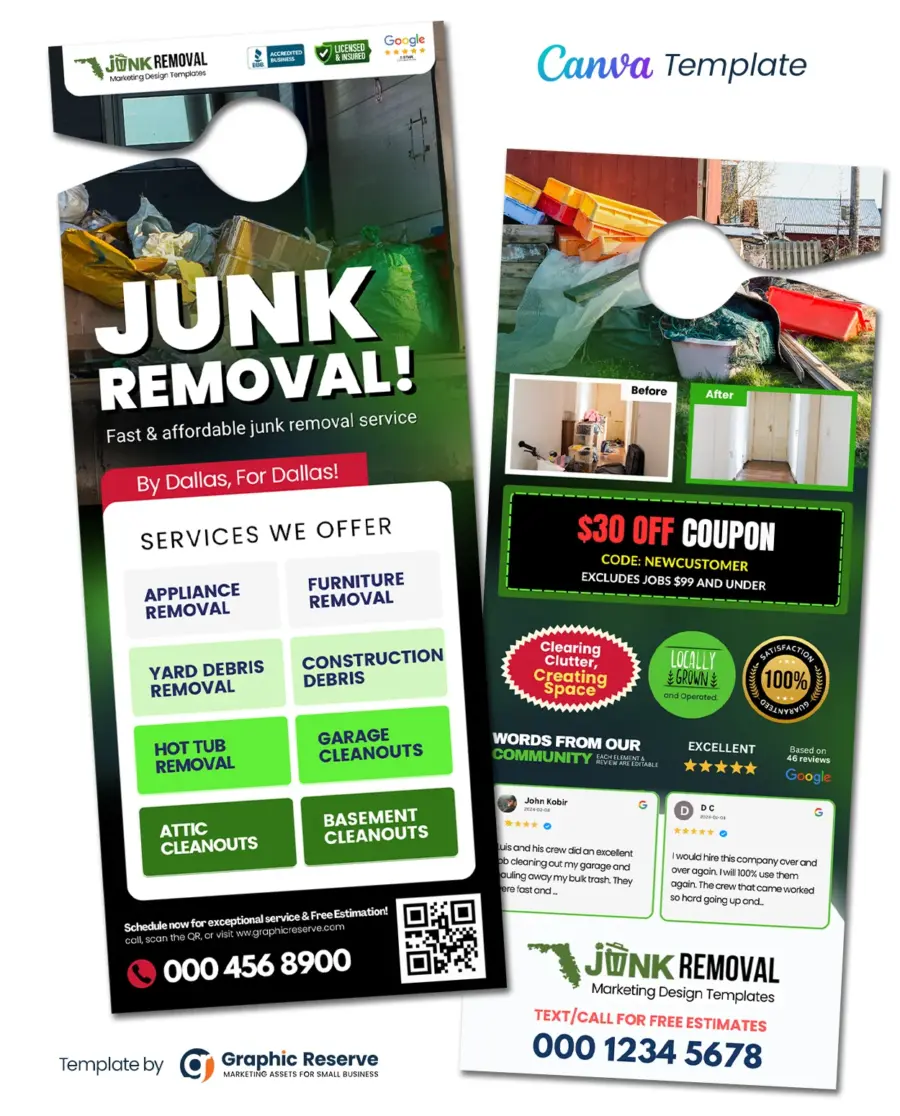 Junk Removal Door Hanger Template – Canva Design with Google Reviews & QR Code