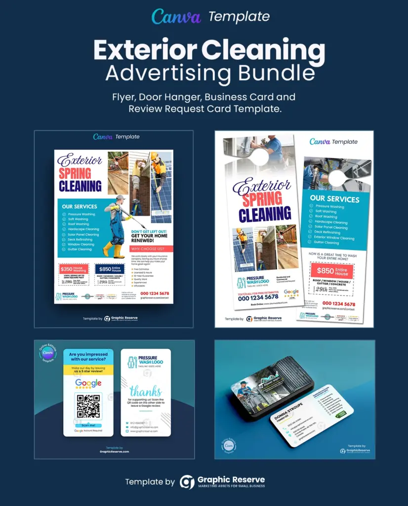 Exterior Cleaning advertising door hanger, coupon flyer, review request business card and business card template