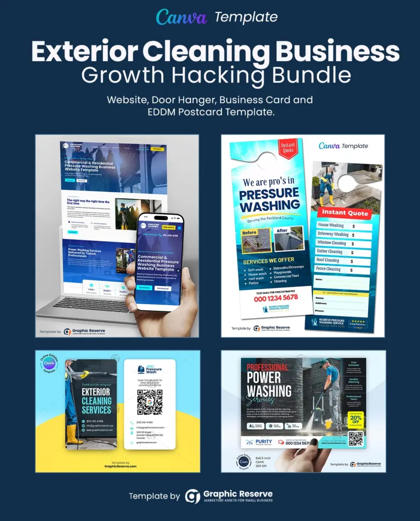 Exterior Cleaning website, instant quote door hanger, review request business card and eddm postcard template