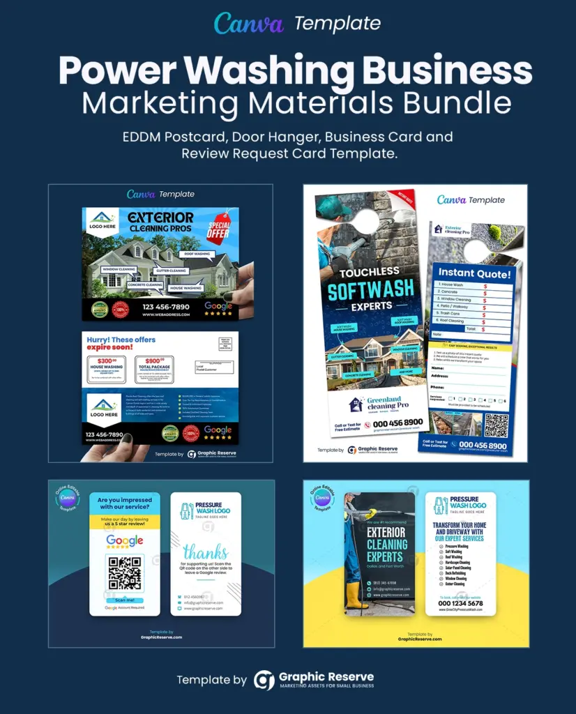 Power washing marketing door hanger, direct mail eddm postcard, review request business card and business card template