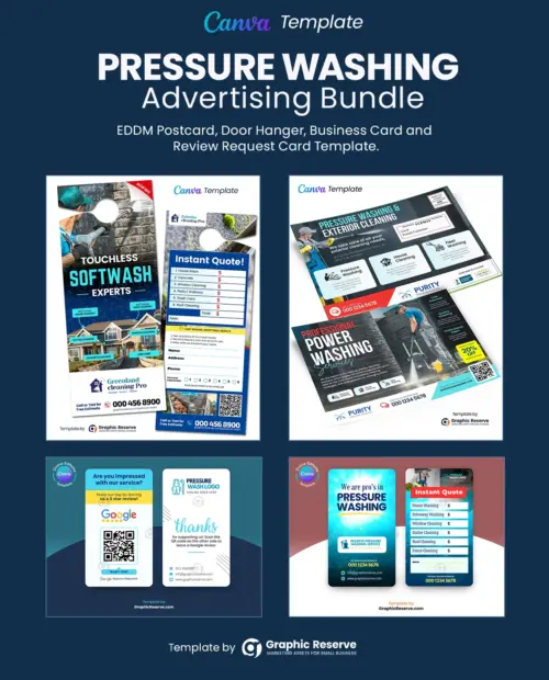 Pressure washing advertising instant quote door hanger, EDDM postcard, review request business card and instant quote request business card template