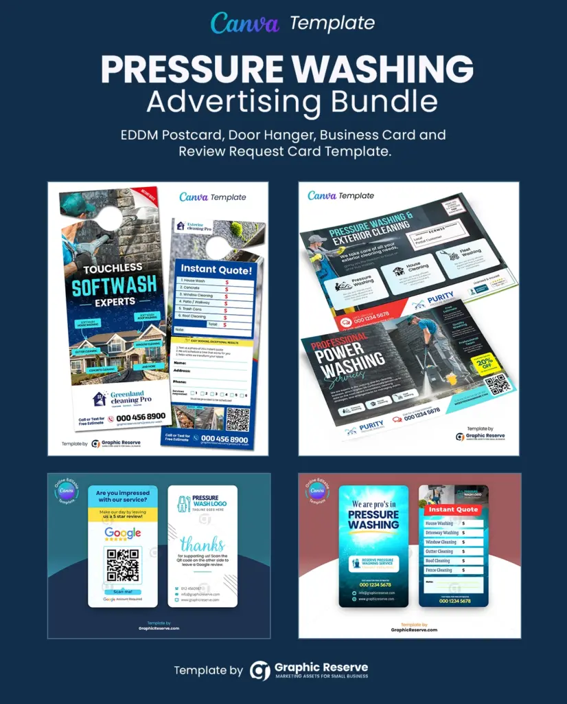 Pressure washing advertising instant quote door hanger, EDDM postcard, review request business card and instant quote request business card template