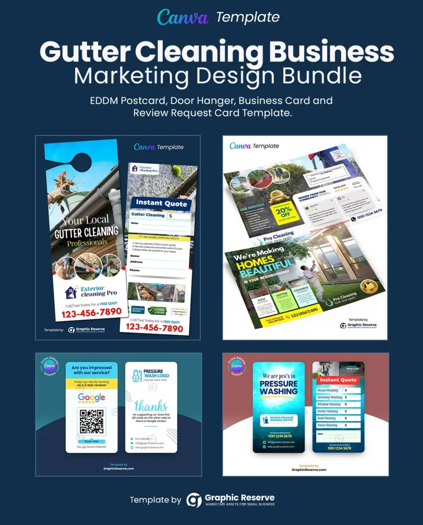 Gutter Cleaning Business advertising door hanger, direct mail eddm Postcard, review request business card and instant quote request business card template