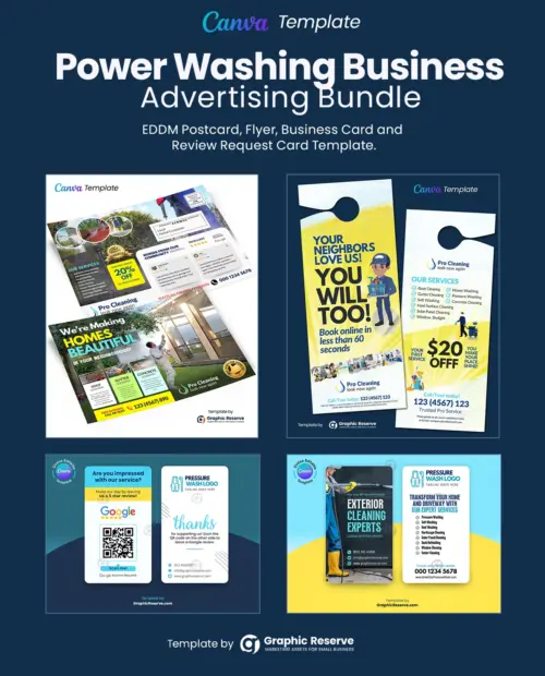 Power washing coupon door hanger, postcard, review request business card and business card template