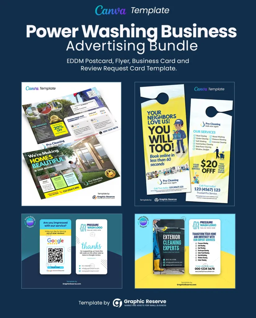 Power washing coupon door hanger, postcard, review request business card and business card template