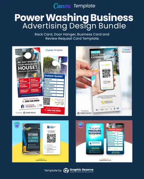 Power washing advertising door hanger, review request rack card flyer, review request business card and instant quote request business card template