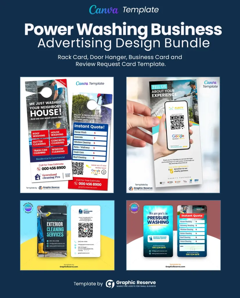 Power washing advertising door hanger, review request rack card flyer, review request business card and instant quote request business card template