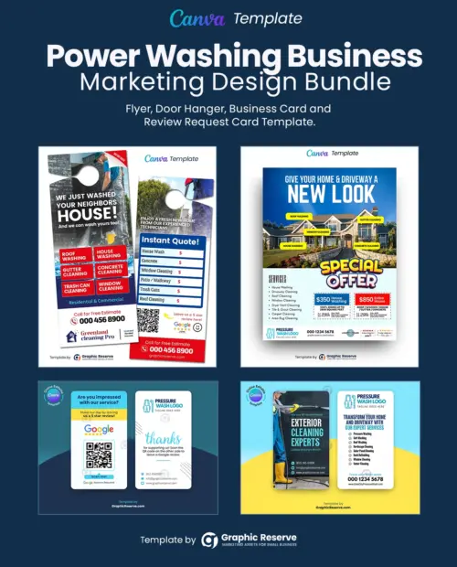 Power washing Business Marketing Instant Quote door hanger, coupon flyer, review request business card and business card template