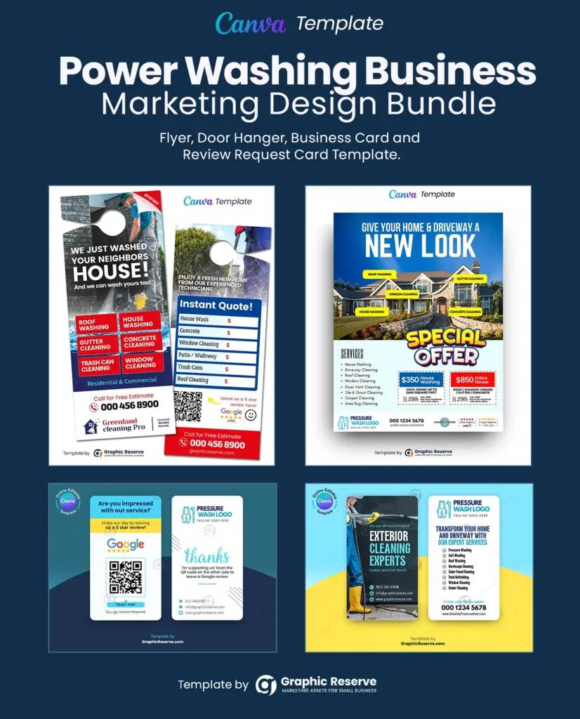 Power washing Business Marketing Instant Quote door hanger, coupon flyer, review request business card and business card template