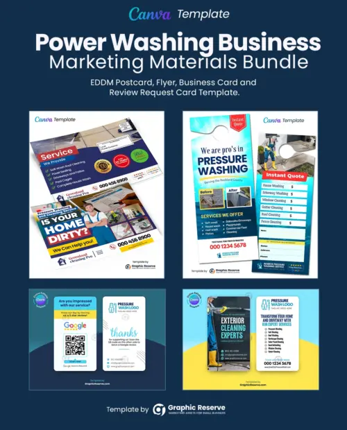 Pressure washing instant quote door hanger, exterior cleaning eddm postcard, review request business card and instant quote request business card template