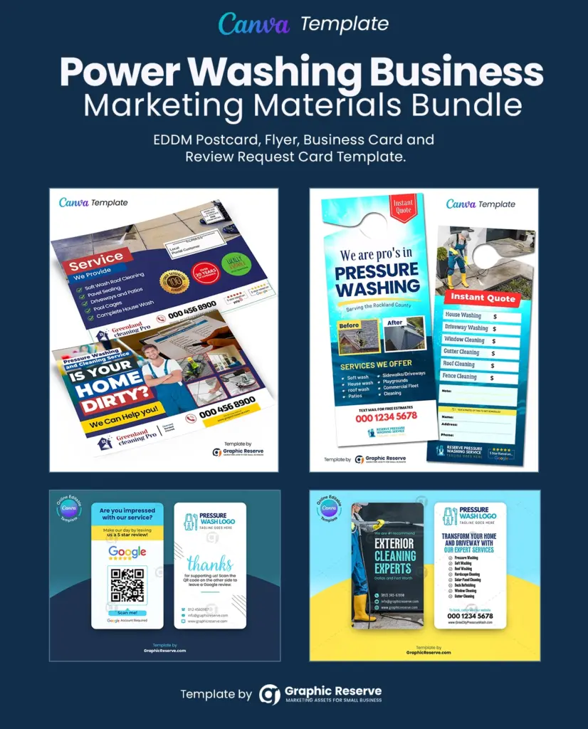 Pressure washing instant quote door hanger, exterior cleaning eddm postcard, review request business card and instant quote request business card template