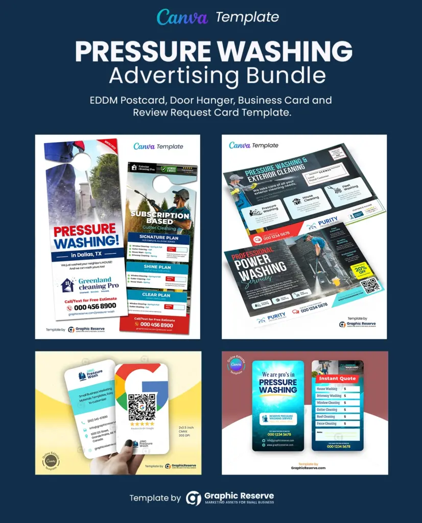 Pressure washing monthly pricing offer instant quote door hanger, EDDM postcard, review request business card, and instant quote request business card template