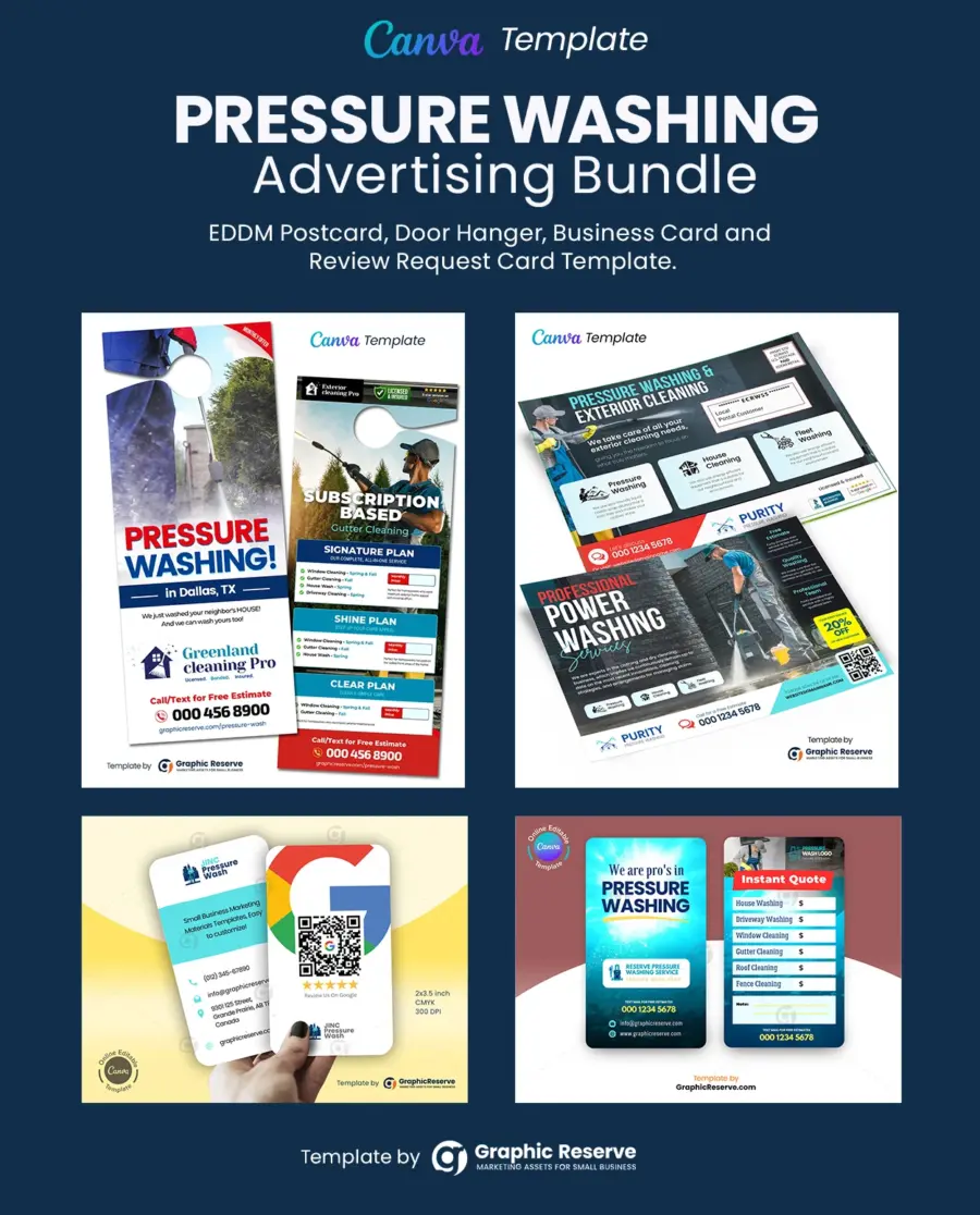 Pressure washing monthly pricing offer instant quote door hanger, EDDM postcard, review request business card, and instant quote request business card template