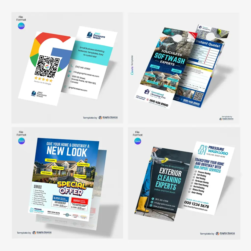 Pressure Washing Advertising Canva Templates Bundle: Flyer, Door Hanger & Cards
