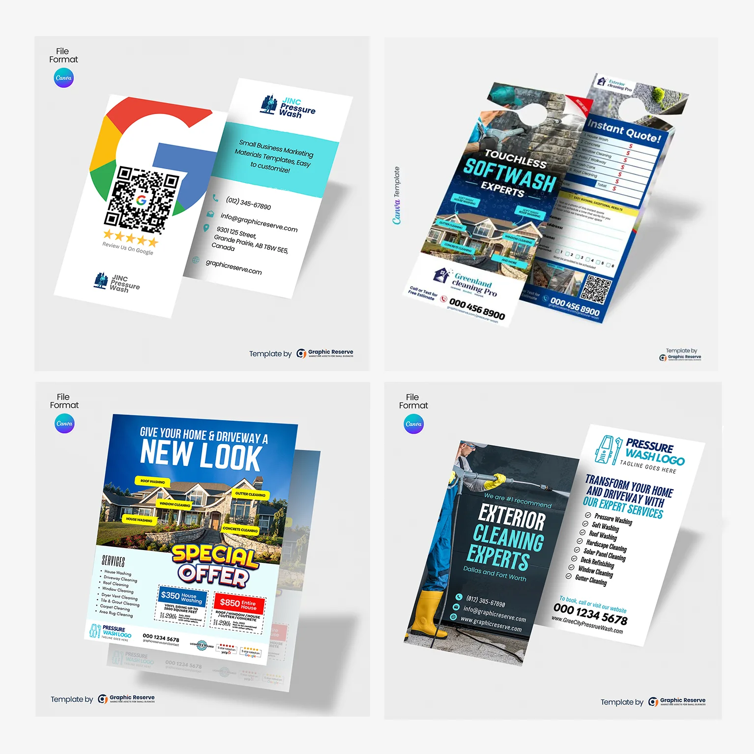 Pressure Washing Advertising Canva Templates Bundle: Flyer, Door Hanger & Cards