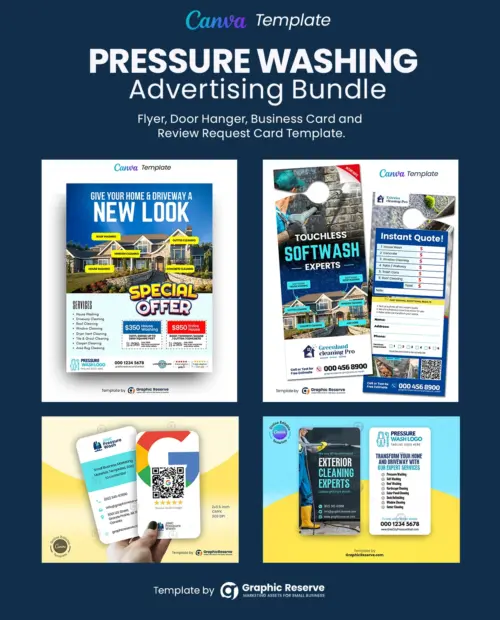Pressure washing advertising flyer, instant quote request door hanger, review request business card and business card template