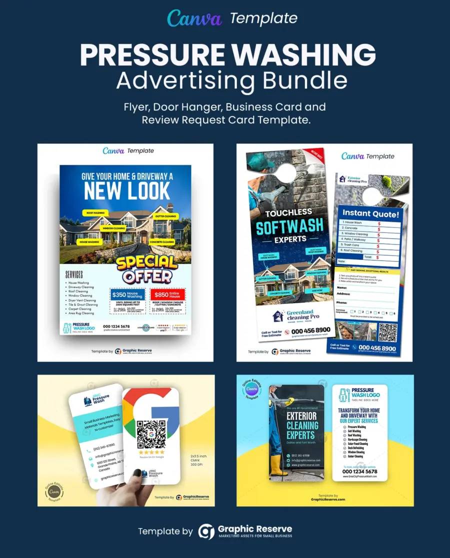 Pressure washing advertising flyer, instant quote request door hanger, review request business card and business card template