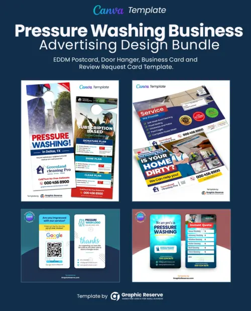 Pressure washing monthly package offer door hanger, coupon eddm postcard, review request business card and instant quote request business card template