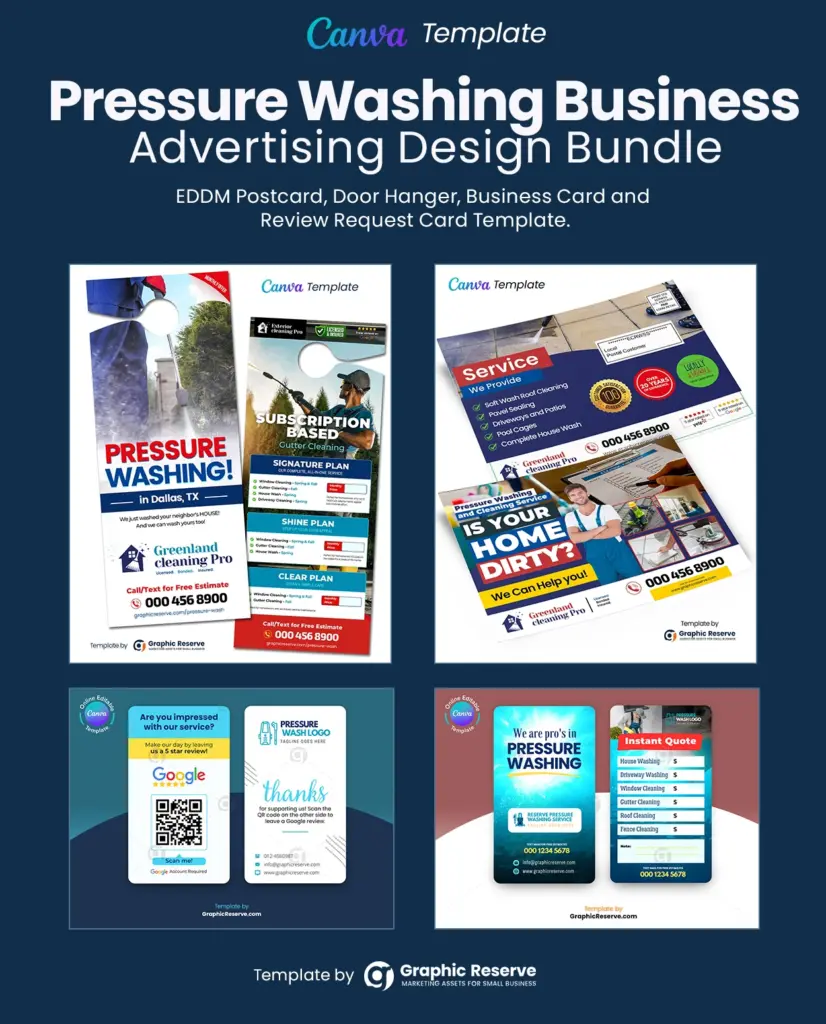 Pressure washing monthly package offer door hanger, coupon eddm postcard, review request business card and instant quote request business card template
