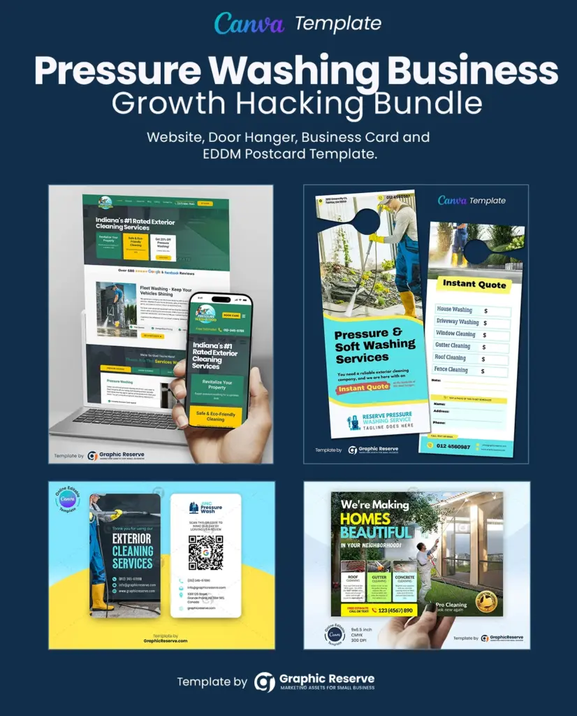 Pressure washing business website, instant quote door hanger, review request business card and EDDM postcard template