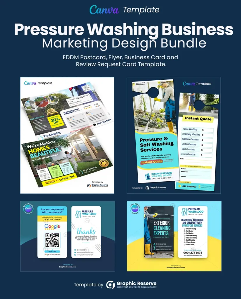 Pressure washing instant quote door hanger, coupon postcard, review request, business card, and business card template